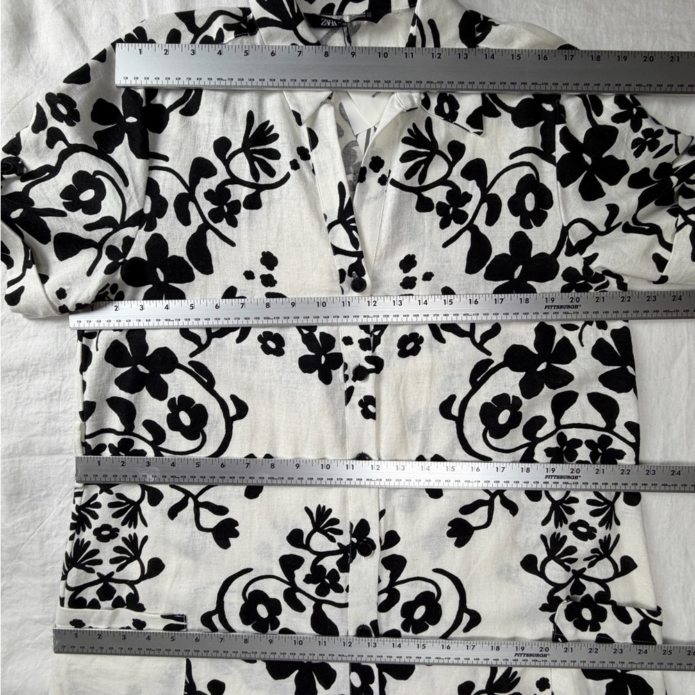 Linen Blend Zara Shirt Dress Minimalist Black White Print Button Down Pockets XL - Picture 13 of 16